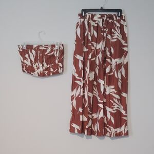 Aakaa Brown and White Leaf Print Skirt